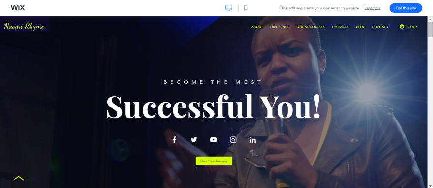 Screenshot of a Wix motivational speaker website with a video header and bold headline reading "successful you"!