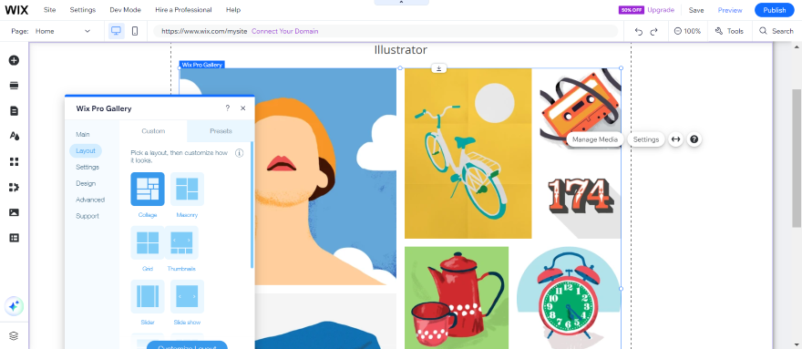 Screenshot of a Wix portfolio homepage with a gallery of illustrations on show