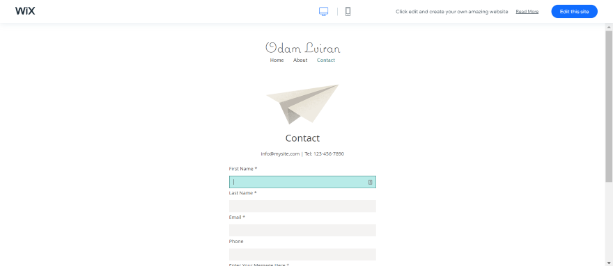 Screenshot of a minimal contact us page on a Wix portfolio website.