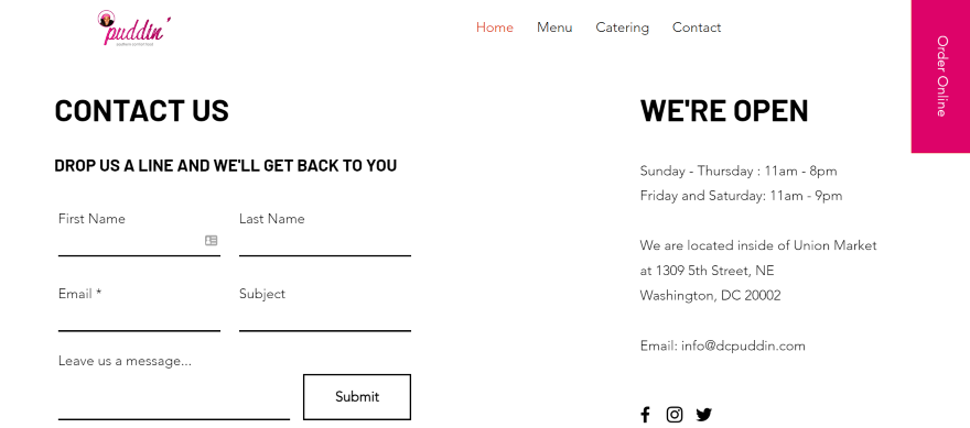 Screenshot of a contact form and business details on a food truck's Wix website