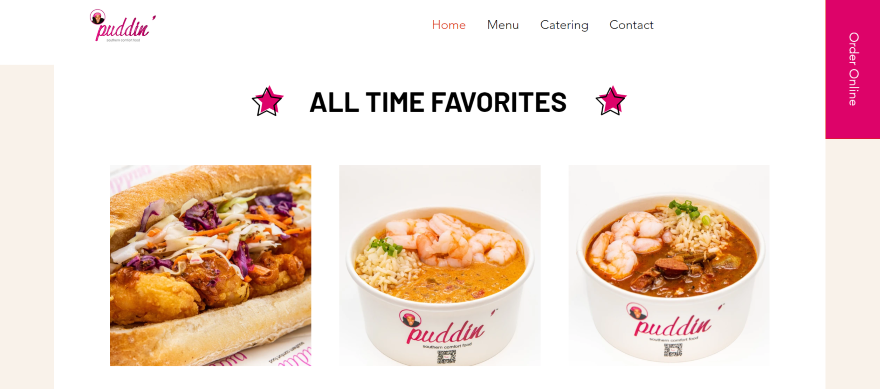 Screenshot of a food truck's Wix website with three photos of their food and a header