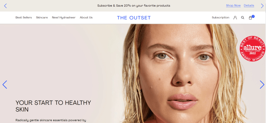 The Outset website homepage showing an image of Scarlett Johansson