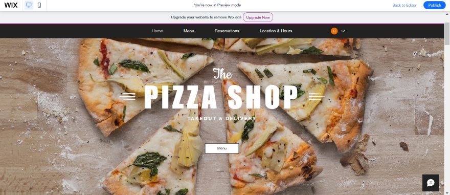 Screenshot of a Wix front page for a pizza restaurant.