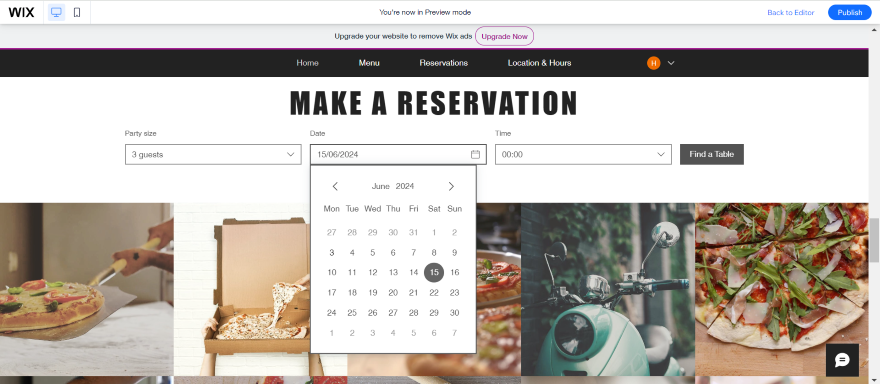 Screenshot of a Wix pizza website's reservation page.