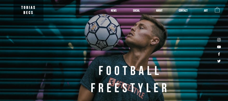 Screenshot of a footballer's Wix website with hero image and headline