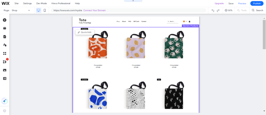 Screenshot of a Wix online store landing page with products listings of tote bags.