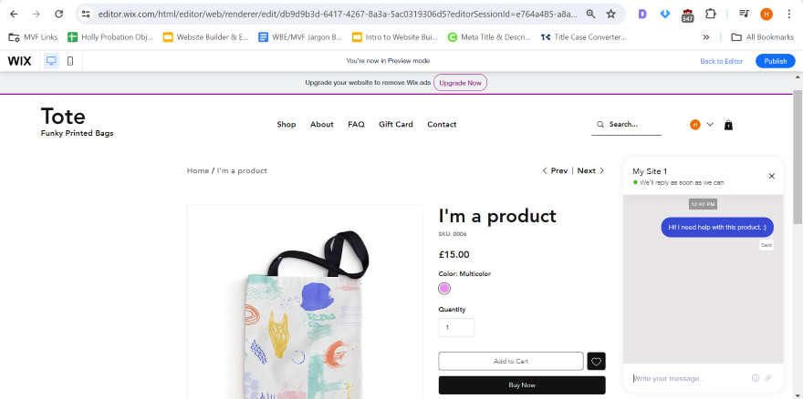 Screenshot of a Wix product page with a photo of a tote bag, a product title, and add to cart button.