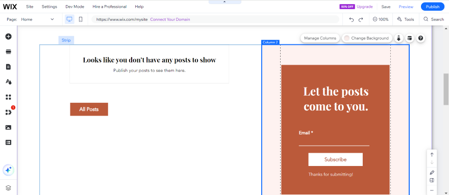 Screenshot of the Wix editor showcasing a blog website with split screen contact from and blog post display.