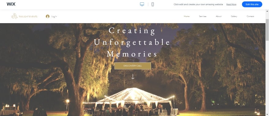 Screenshot of a Wix events planning website with a large hero photo of an evening marquee lit up