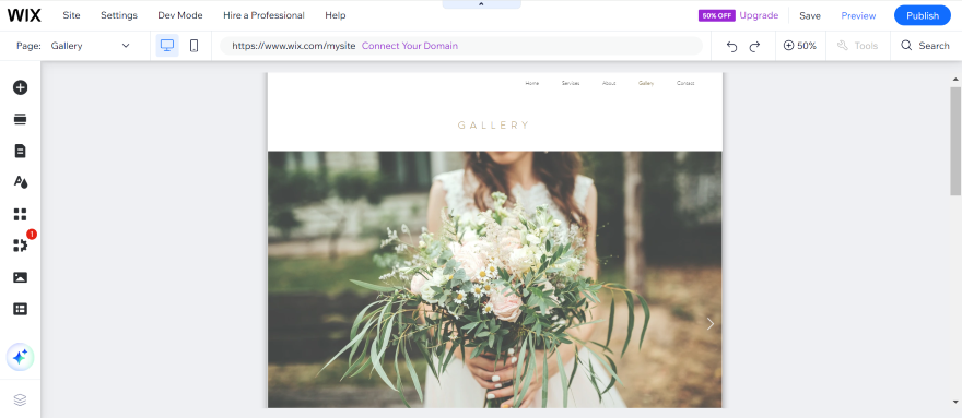 Screenshot of a Wix weddings website and its "Gallery" page with a slider of images.