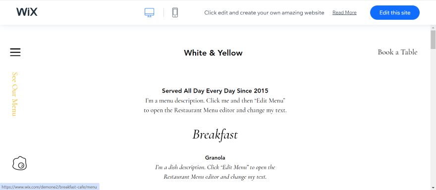 Screenshot of a menu page from a Wix website detailing breakfast dishes and prices.