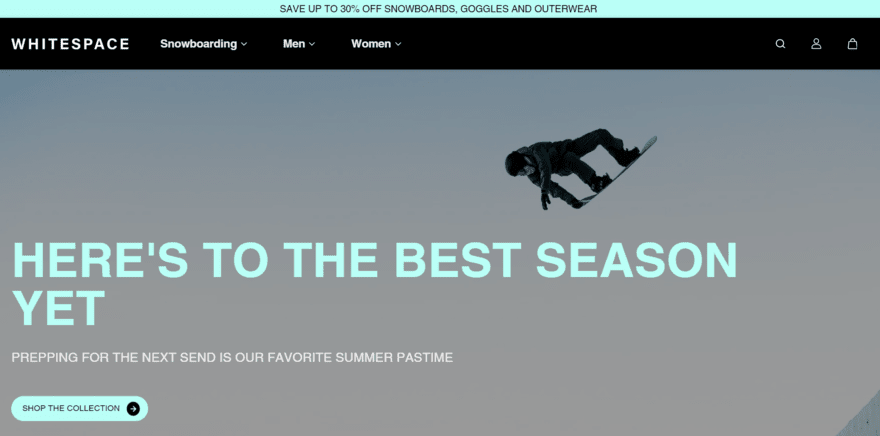 WHITESPACE homepage showing a snowboarder jumping through the air with a button below to "shop the collection"