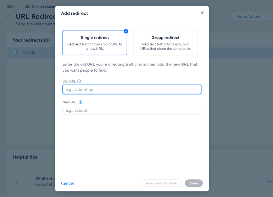 Wix 301 redirect manager with a pop up box to set up single or group redirects