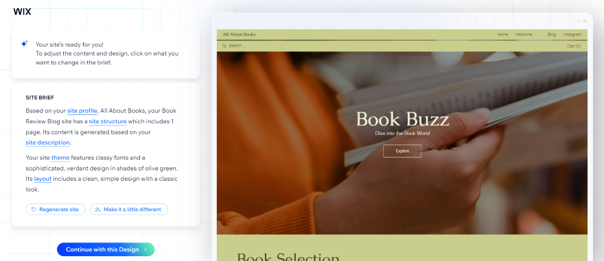 Screenshot of the Wix website editor displaying customization options for a book blog titled 'Book Buzz.'