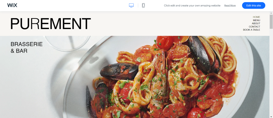 Screenshot showing the homepage of Purement Brasserie & Bar on Wix with a featured menu of pasta and seafood