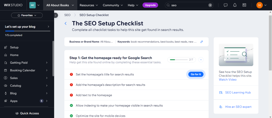 Screenshot of Wix SEO Setup Checklist interface for optimizing a website's search engine presence.