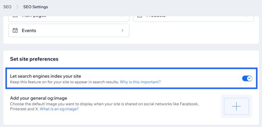 Wix SEO settings with a blue box highlighting the option to let search engines index your site