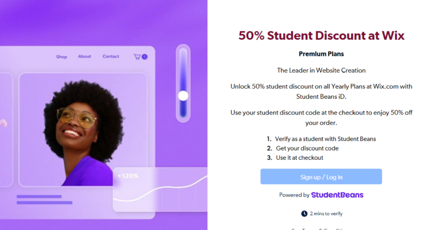 Screenshot of a StudentBeanz discount page offering a Wix 50% off discount