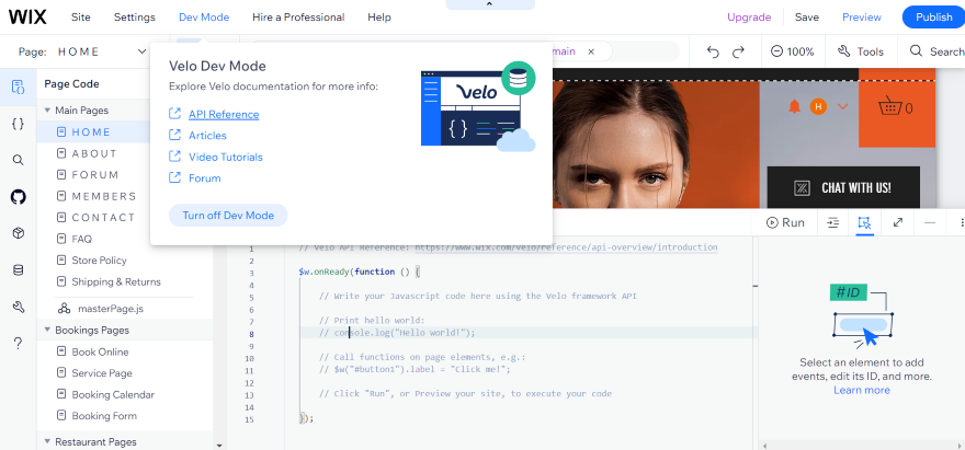 Screenshot of a pop-up in the Wix Velo Editor linking the user to various tutorials on coding