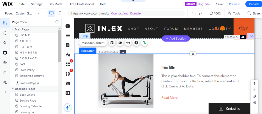 Screenshot of a dynamic list page on Wix for a fitness store