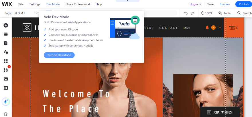 Screenshot of the Wix Editor and a pop-up after clicking on Dev Mode