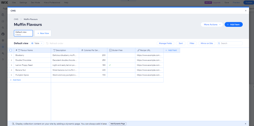 Screenshot of a Wix Velo database featuring data on muffins for sale.