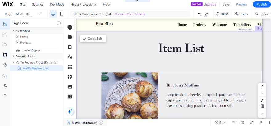 Screenshot of a Wix Velo repeater list featuring muffin recipes.