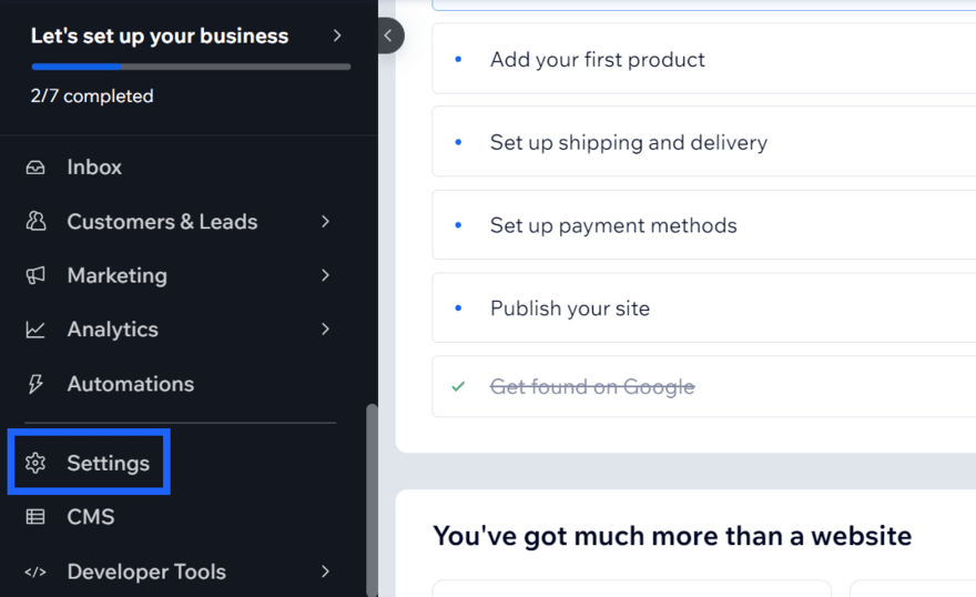 Wix dashboard with a blue box highlighting "Settings" in the sidebar