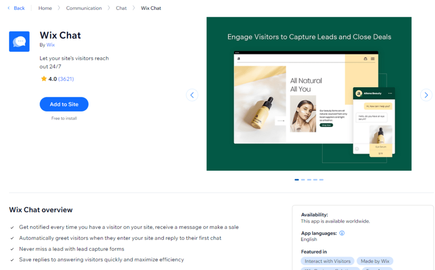 Wix app market page for its Wix Chat app, showing app information and a button to install