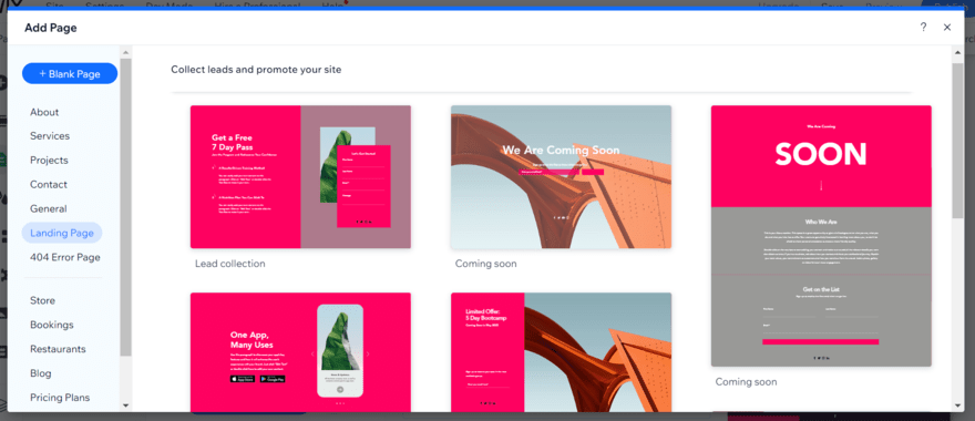 Wix page template library showing options for a landing page and coming soon pages