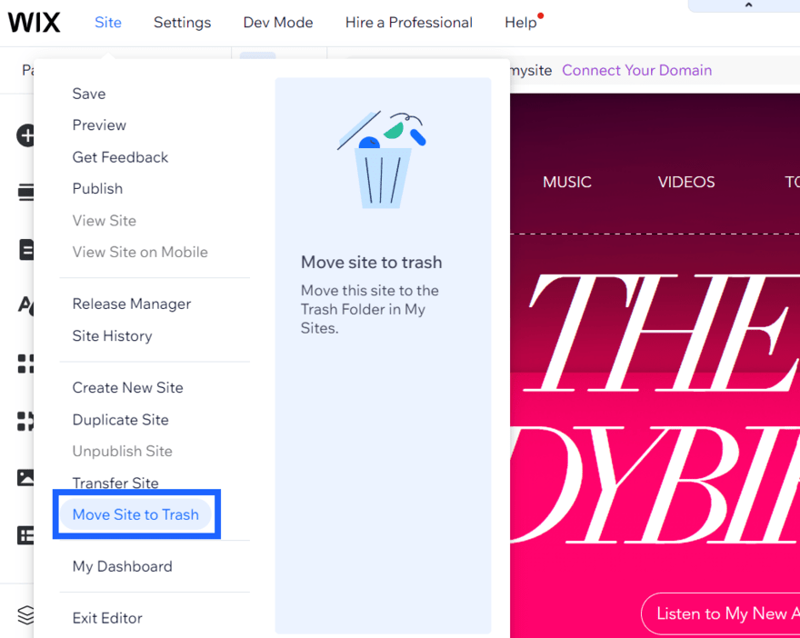 Wix editor with a sidebar showing site settings, including moving your site to trash