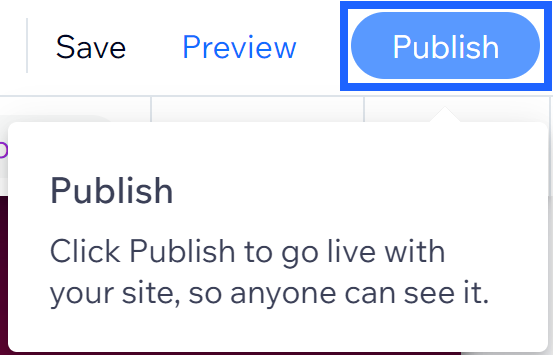 A blue box highlighting the "publish" button in Wix's editor