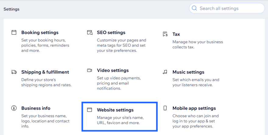 Wix settings showing various categories - a blue box highlights "website settings"