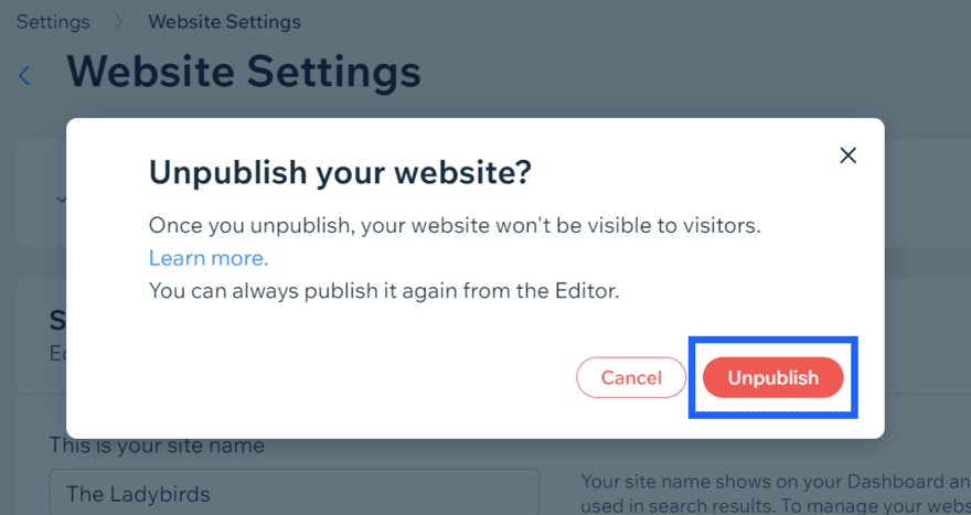 Unpublish pop up box with the "unpublish" button highlighted with a blue box