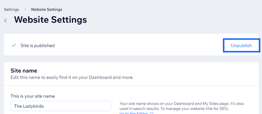 Wix website settings page with a blue box highlighting the button to unpublish your site
