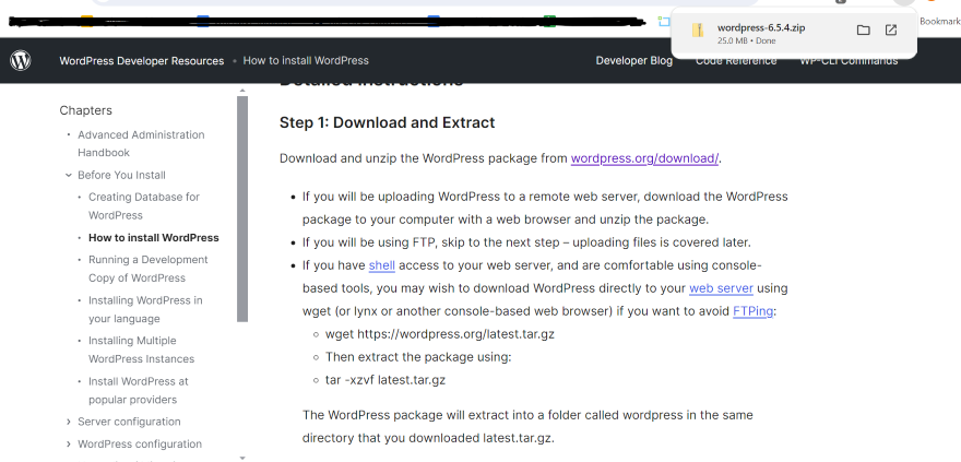 Screenshot of step 1 in a WordPress installation guide, showing the download and extraction process instructions.