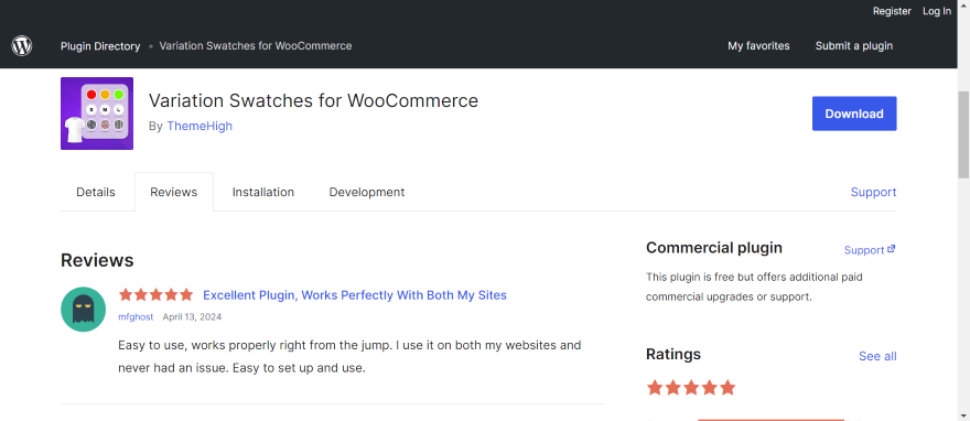 Screenshot displaying the 'Variation Swatches for WooCommerce' plugin page in the WordPress plugin directory, showing details and user reviews.