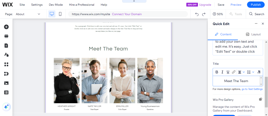 Screenshot of a Wix Business website's about page with a meet the team section and photos of staff.