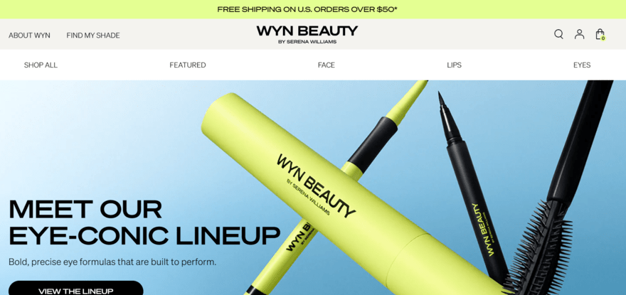 WYN Beauty website homepage showing product imagery in the top banner