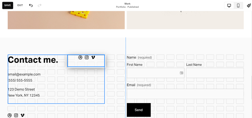 Editing a contact form in the Squarespace editor interface, showcasing drag-and-drop functionality and form field customization options.