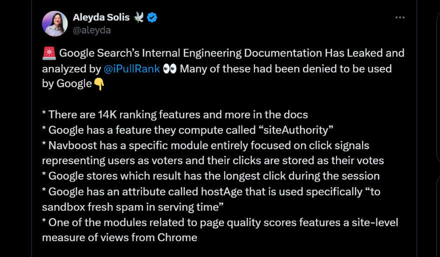 Screenshot of a tweet from Aleyda Solis delving into some findings from the Google Algorithm leak, such as its 14k ranking features and "siteAUTHORITY" feature