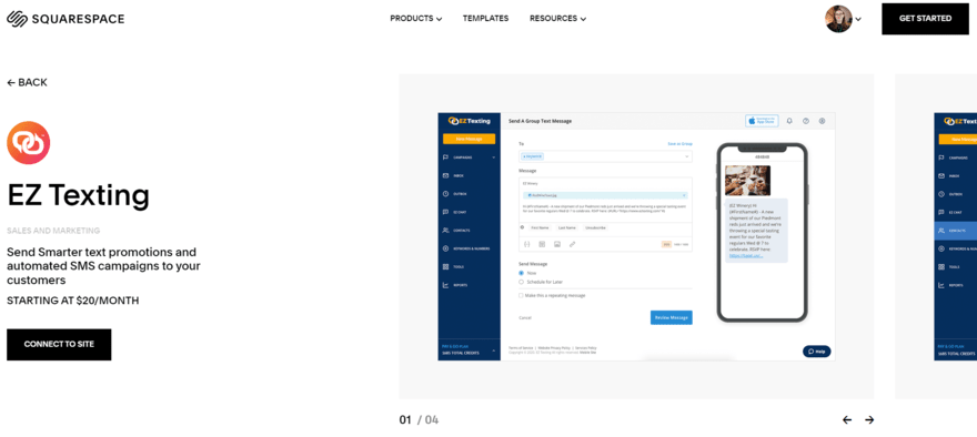 EZ Texting Squarespace plugin homepage