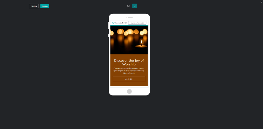 Mobile screen showing a website preview created with GoDaddy Editor featuring a worship theme.