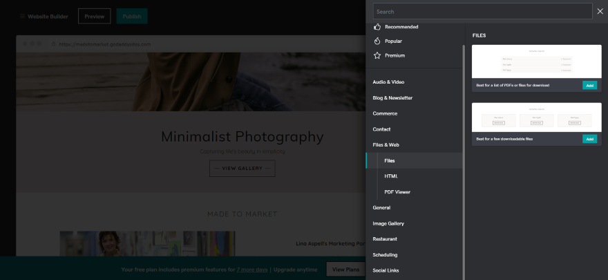 Screenshot of GoDaddy's website editor interface showing options for minimalist photography site customization.