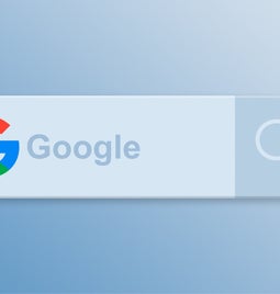 Blue background with a stylized Google search bar icon