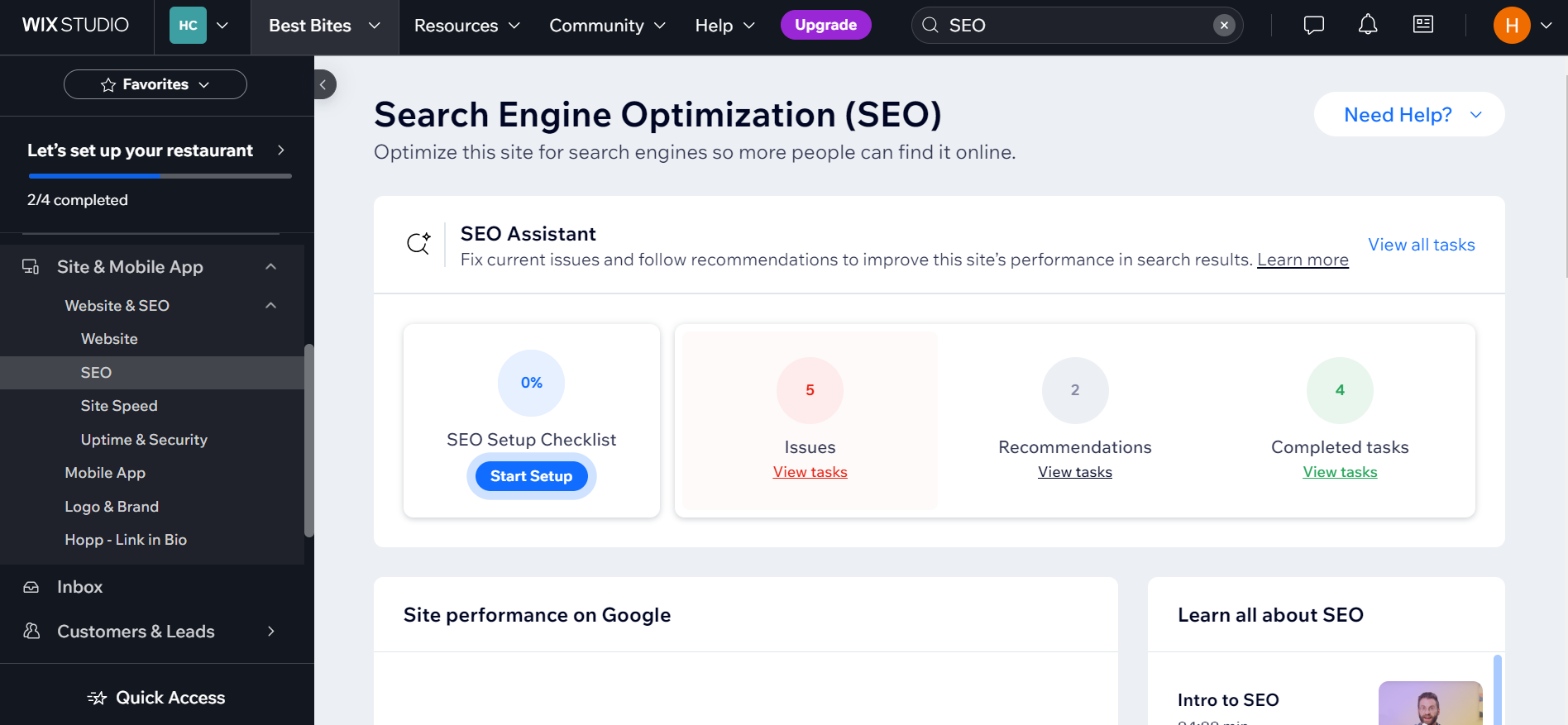 Screenshot of Wix Dashboard highlighting SEO Assistant and Search Engine Optimization features.