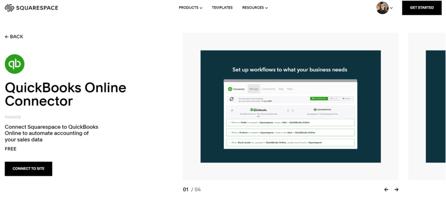 Quickbooks Squarespace plugin homepage