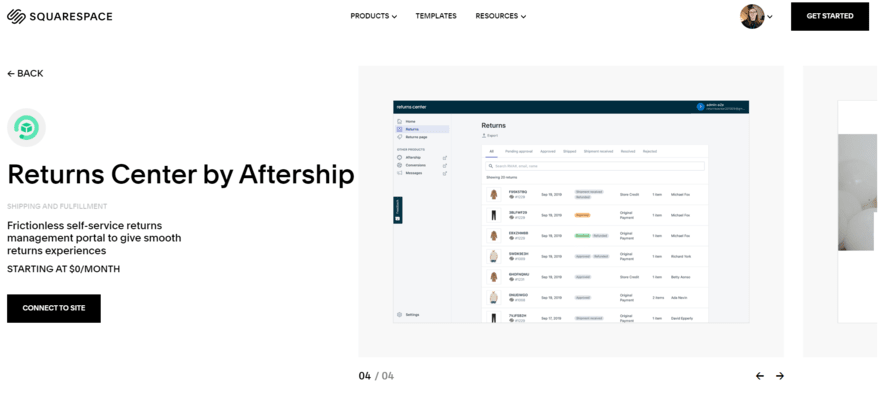 Returns center by Aftership plugin in squarespace extension library