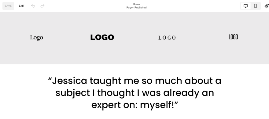 Screenshot of a Squarespace homepage with quoted text and boxes where company logos go