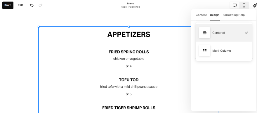 Screenshot of a menu page on a Squarespace website listing different dishes and prices.